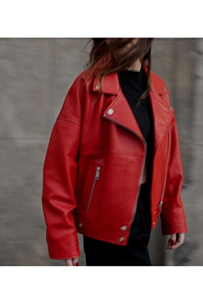 ANTİQUE LEATHER SHOP Hakiki Deri Düşük Kol Çapraz Fermuarlı  Deri Ceket