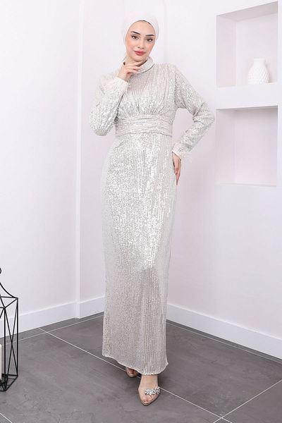 İmajButik Βραδινό φόρεμα με παγιέτες με μπεζ ντραπέ μανίκι