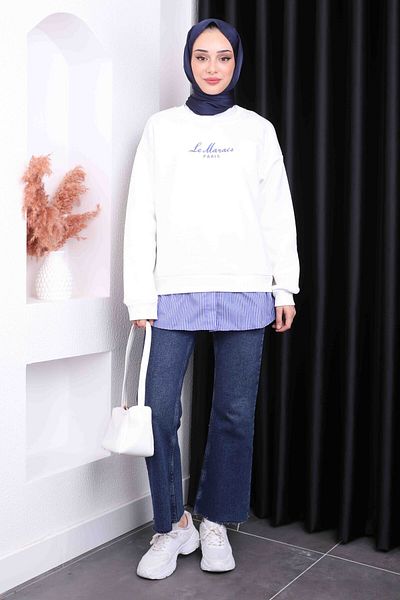 İmajButik Εκρού Κεντημένος ιδρώτας με τρεις κλωστές