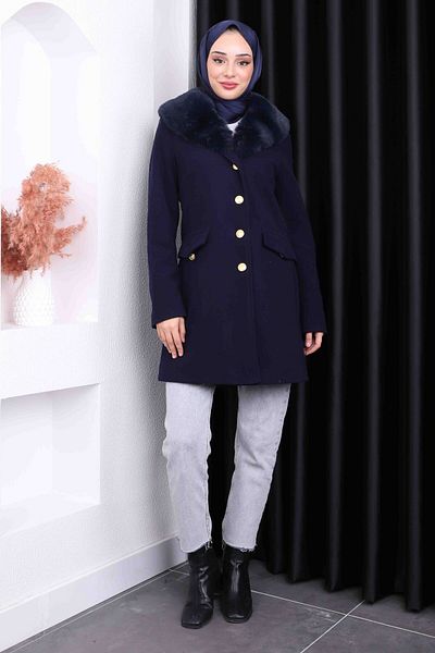 İmajButik Κοντό παλτό από γούνα Navy Blue Collar