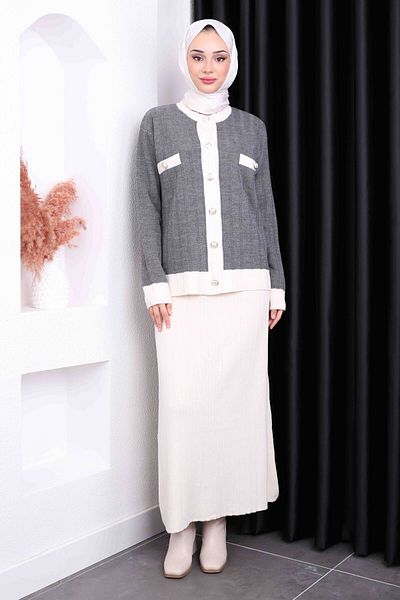 İmajButik Anthracite Cardigan Skirt Knitwear Set