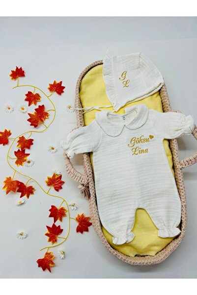 Embroidery Customized Muslin Hospital Exit Collared  Jumpsuit and Ruffled Hat