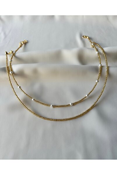 Rakoz Design Gold İkili İncili Boncuk Kolye