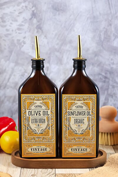 TheBRo 500ML Amber Renkli Premium Gold Ahşap Stantlı Zeytinyağı Şişesi ve Ayç...