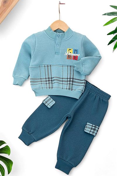 Ege Bebek Baby Boy Checkered Print Collar Detail Winter 3-Piece Fleece-Backed Outfit