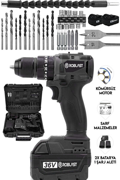 ROBLAST 36V 5Ah Çift Akülü Kömürsüz Motor 10 Pilli Çelik Mandren Darbeli Şarj...