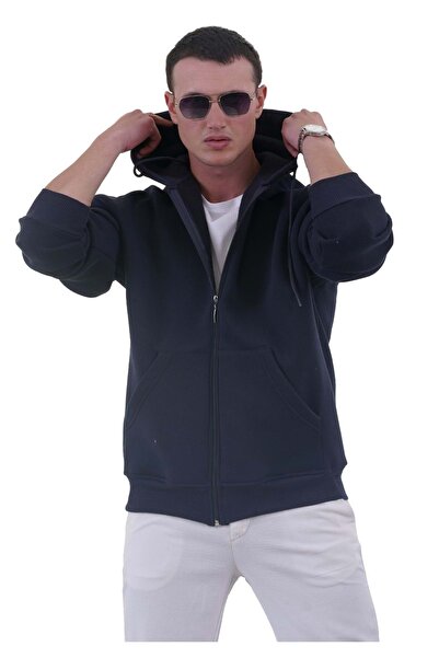 Exve Exclusive Navy Blue Basic Oversize Soft Knitted Winter Hooded 3-Thread Zip-Up Cardigan Sweatshirt