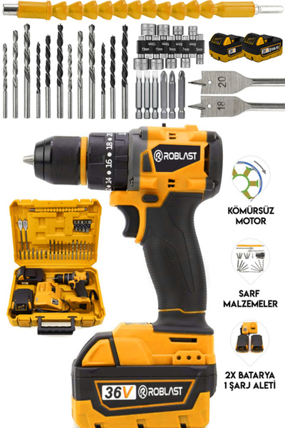 ROBLAST 36V 5Ah Çift Akülü Kömürsüz Motor 10 Pilli Çelik Mandren Darbeli Şarj...