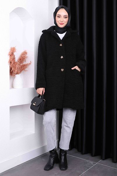 İmajButik Μαύρο βελούδινο παλτό Angora με κουμπιά