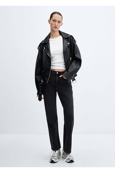 MANGO Woman Leather Look Biker Jacket