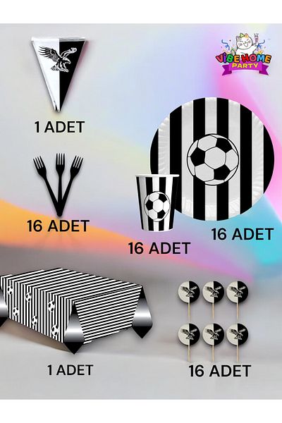 VibeHome Black and White Fan Premium Set for 16 - Birthday Party and Fun Events