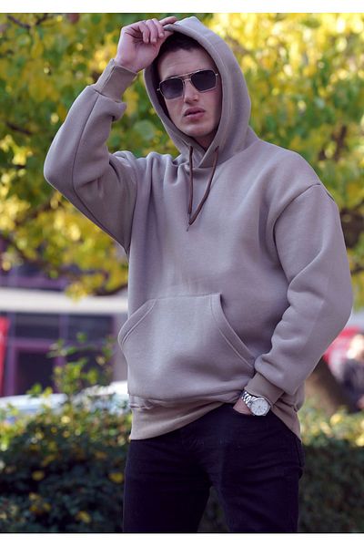 Exve Exclusive Μπεζ Oversize Hooded Fleece Hoodie - Χειμερινό φούτερ με 3 νήματα