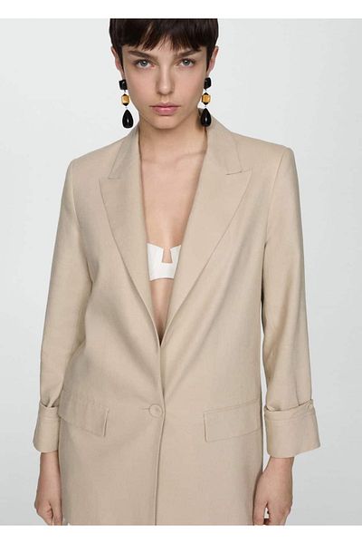 MANGO Woman Μπουφάν λινό blazer με κουμπιά στις μανσέτες