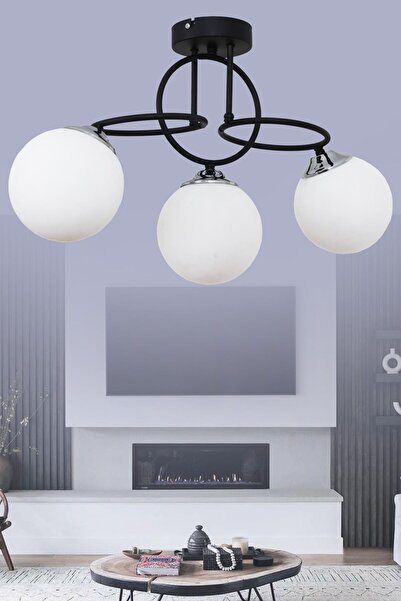 Taşcan Aydınlatma Sisam 3 Li Siyah Krom Avize-Beyaz Camlı Dekoratif Tasarım Y...