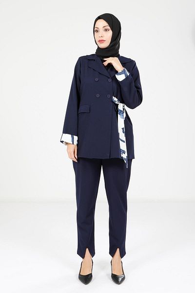 Beyza Navy Blue Hijab Jacket and Trousers Set with Sleeves Detail 4112