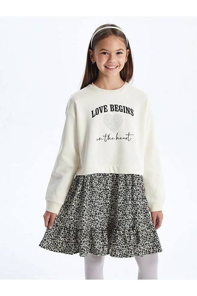 LC Waikiki Lcw Kids Ecru Crew Neck Girl's Dress