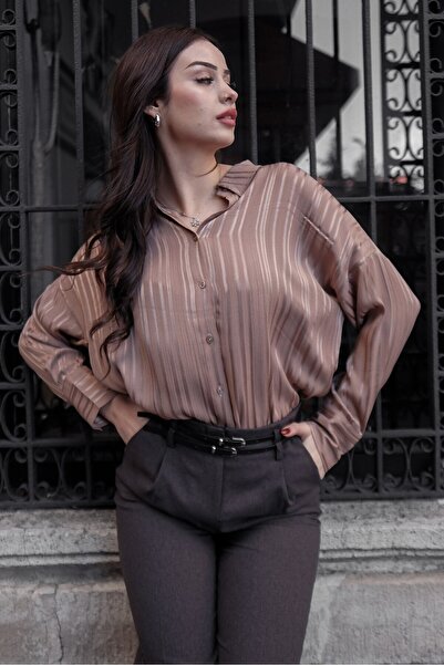 Hisleria Lisbon Satin Fabric Oversize Brown Shirt