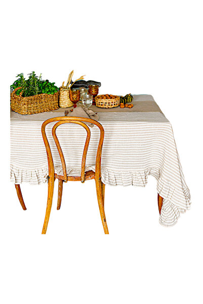 HOME ART ATELIER hand made مفرش طاولة كلاسيكي طبيعي مخطط باللون البني الحليبي - نسيج كتان فاخر