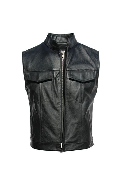 NYC GİYİM TEKSTİL Genuine leather biker style vest black color pockets zipper