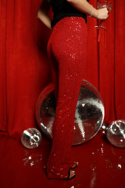 Julishop Red Color Sequin Premium Trousers with Elastic Waist