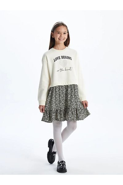 LC Waikiki Lcw Kids Ecru Crew Neck Girl's Dress