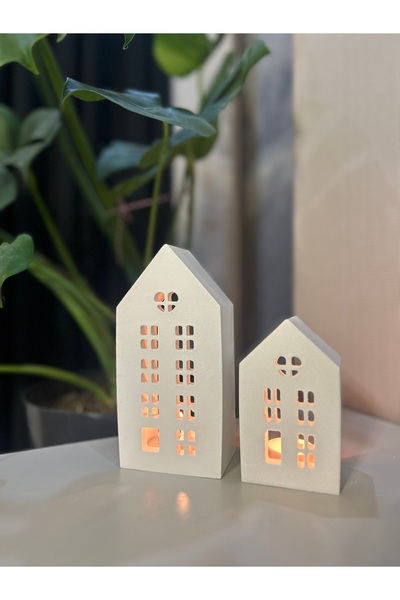 Miya Art Studio Büyük Beton 2’li Tealight Ev Mumluk Seti (Tealight Dahil)