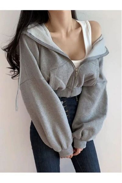 CLB COLLECTION Melange, Hooded Crop Cardigan Gray 3 Thread Thick Fabric