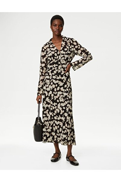 Marks & Spencer Uzun Kollu Desenli Midi Elbise