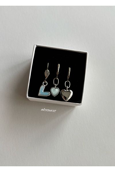 aksesuaris Set of 3 Blue Silver Color Heart Earrings
