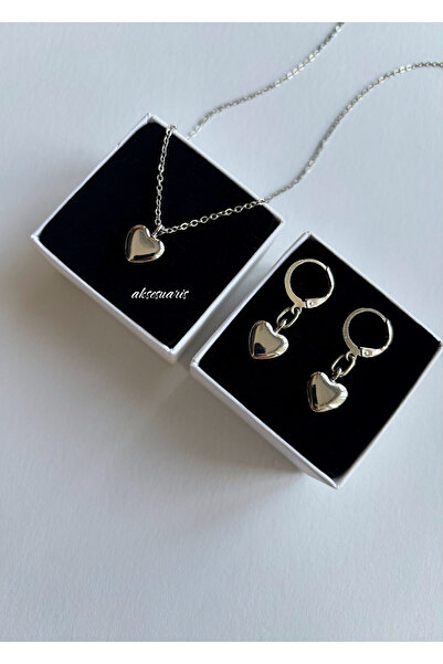 aksesuaris Set of 2 Heart Silver Color Steel Chain Necklace and Earrings
