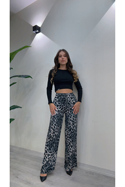 modadagiyim Leopar Yüksek Bel Bol Paça Beli Lastikli Bağlamalı Çift Cepli Palazzo Pantolon