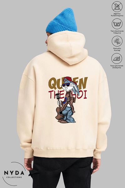 Nyda Collections Bugs Bunny Printed Unisex Hooded Oversize βαμβακερή κουκούλα - μακρυμάνικο και με κιθάρα