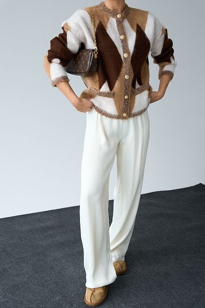 LOOSH Cardigan de damă Camel Argyle cu decolteu rotund
