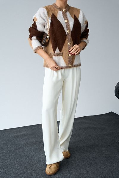 LOOSH Cardigan de damă Camel Argyle cu decolteu rotund
