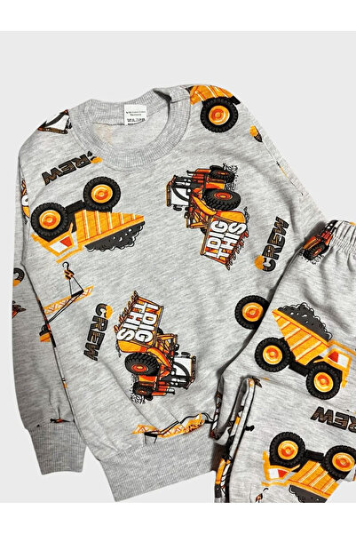 TOFU KİDS Boys' Cotton Scoop Business Machinery Truck Pattern Gray Long Sleeve Seasonal Pajamas Set