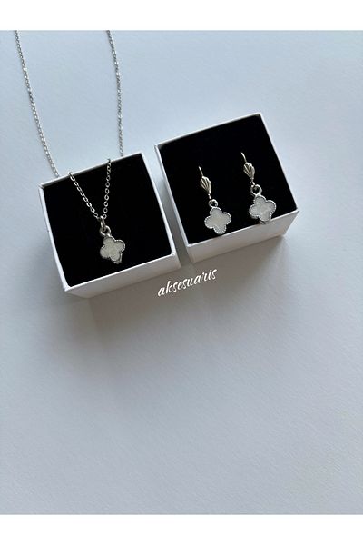 aksesuaris Clover Silver Color Necklace and Earring Set
