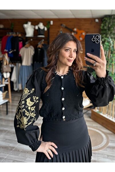 Saraçoğlu Balon Kol Nakış Detay Ajur Tasarım Bluz Siyah