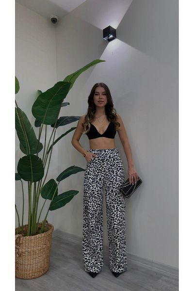 modadagiyim Women's Leopard Print High Waist Wide Leg Lycra Palazzo Pants