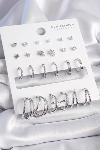 Clariss Brass Silver Color Zircon Cubic Zirconia 12 Pairs Earrings Set