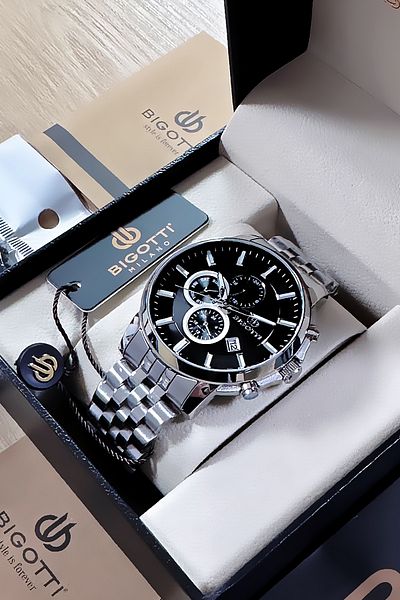 Bigotti Men's Silver Color Waterproof Wristwatch - 5 Atm, Steel Band + Gift Bracelet Bme2016C3