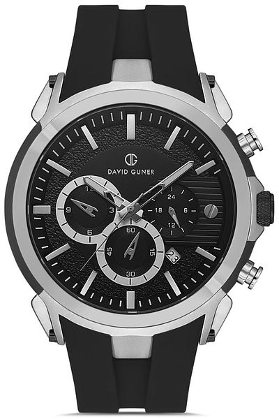 DAVID GUNER Black Dial Silver Coated Multifunctional Black Silicone Band Men's Wrist Watch