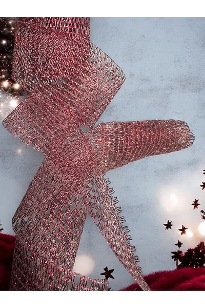 BukiroAtelier Gold Jute Mesh Ribbon - Silver Red, Perforated, 3Mt4Cm Packing Ribbon