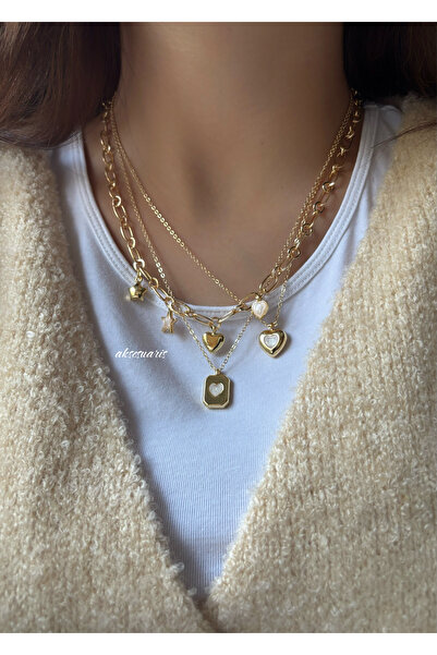 3'lü Gold Kalpli Charm Kolye Set