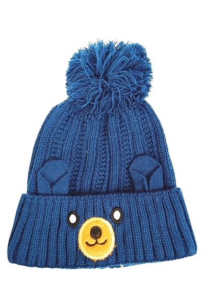 ls locco Dark Blue Children's Beanie - Wool Figured Pompom