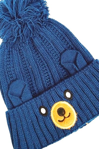 ls locco Dark Blue Children's Beanie - Wool Figured Pompom