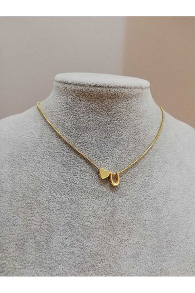 Judas Takı Women's Gold Steel Chain Heart Letter Necklace, Initial Letter Necklace