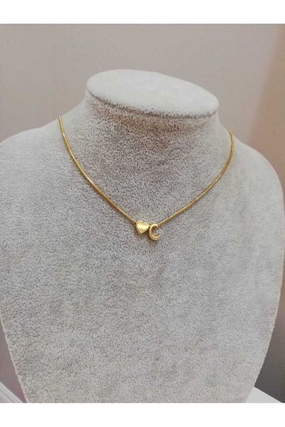 Judas Takı Women's Gold Steel Chain Heart Letter Necklace, Initial Letter Necklace