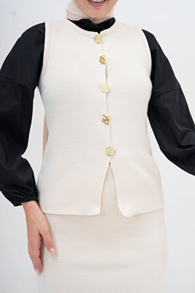 bayansepeti High Waist Midi Hijab Set - Sleeveless Cardigan and Ecru Knitwear 5155
