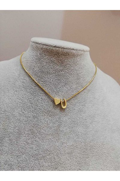 Judas Takı Women's Gold Steel Chain Heart Letter Necklace, Initial Letter Necklace