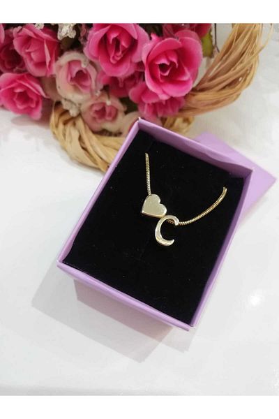 Judas Takı Women's Gold Steel Chain Heart Letter Necklace, Initial Letter Necklace